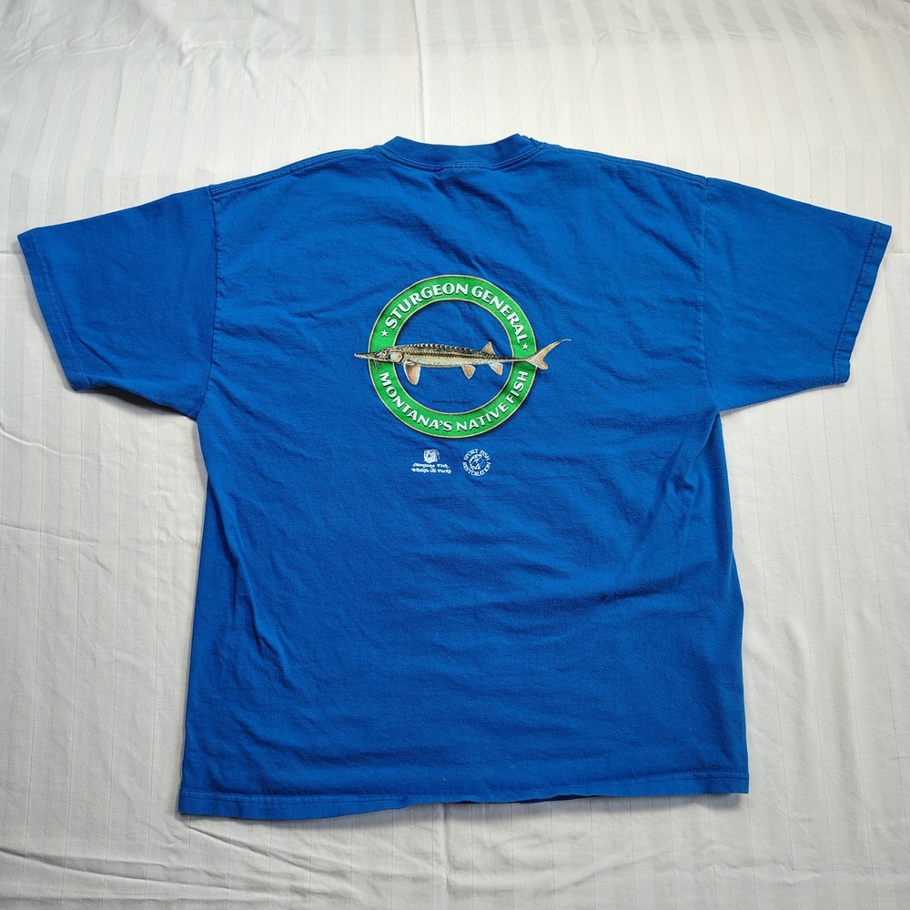 Montana Native Fish Sturgeon General Graphic T-Shirt Blue Mens XL Hanes Beefy-T
